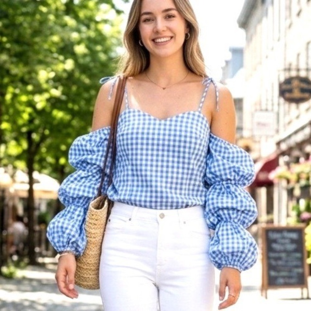 Belle Sky Gingham TieShoulder Blouse Blue White Puff Sleeve Cottagecore Size M